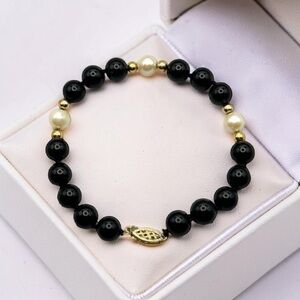 Vintage 14K Gold Black Onyx Pearl Bead Beaded Bracelet 8” EUC